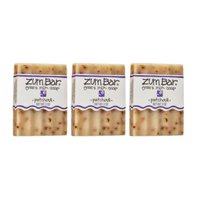 Indigo Wild patchouli front packaging showing three bars and product name, clear label benefit