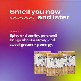 Indigo Wild patchouli ingredients flatlay with olive and coconut oil visuals, highlights natural ingredients