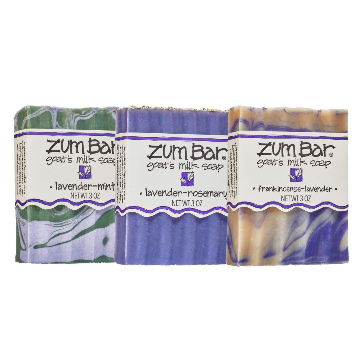 Indigo Wild front packaging of Zum goat's milk soap 3-pack showing calming lavender benefits