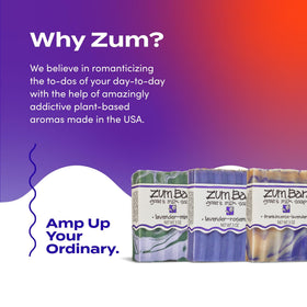Indigo Wild Zum soap next to adult hand showing compact 3 oz size benefit