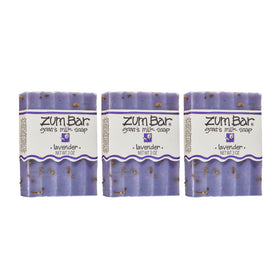 Indigo Wild Zum front packaging showing three lavender soap bars and clear branding