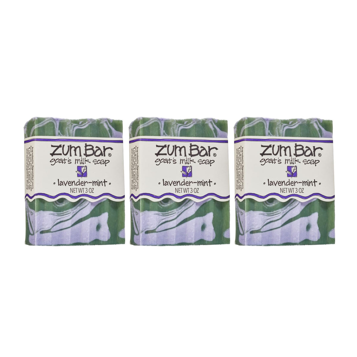 Indigo Wild Zum front packaging showing three lavender-mint bars and clear labeling