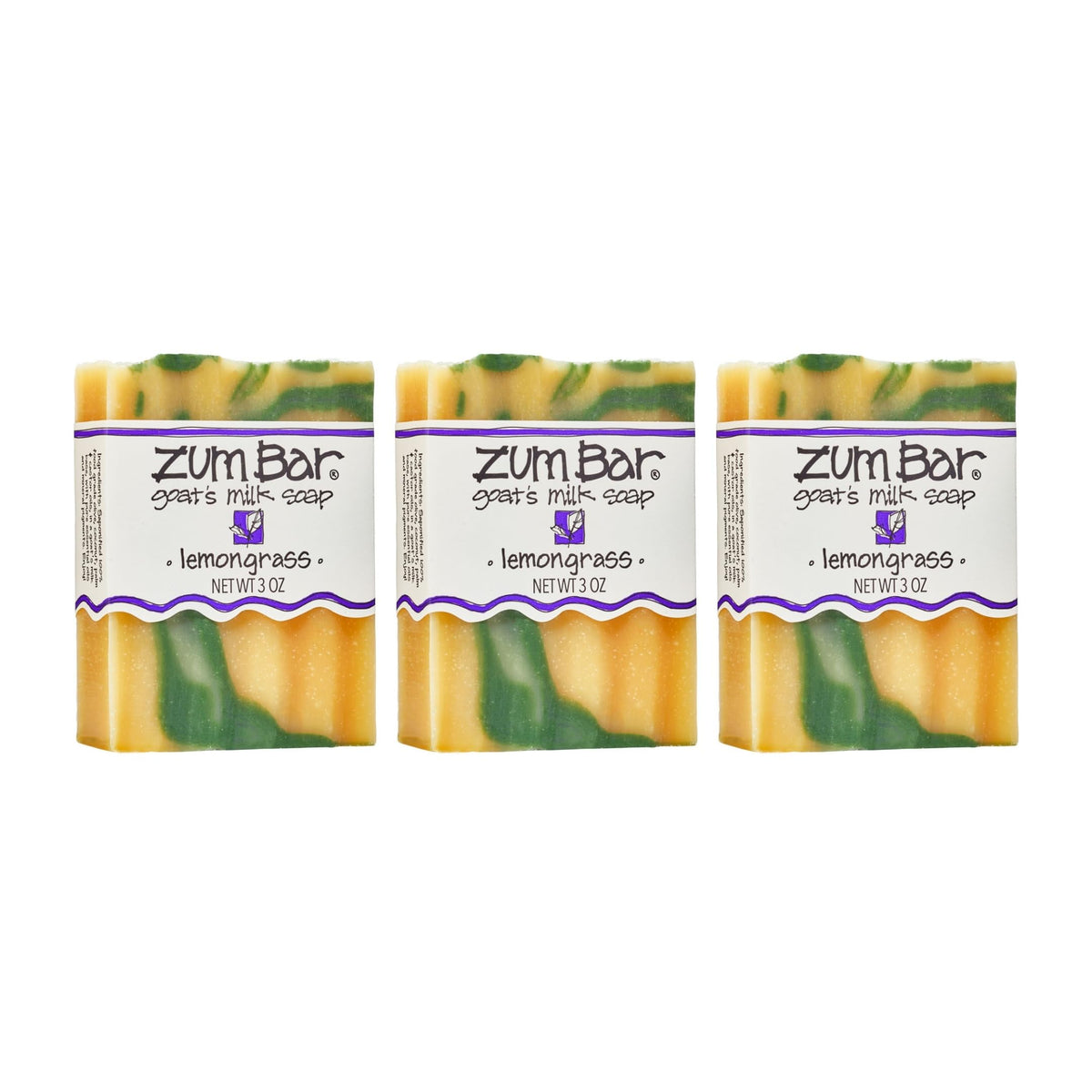 Indigo Wild Zum front view of lemongrass soap bar showing label and shape, highlights natural ingredients