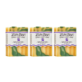 Indigo Wild Zum front view of lemongrass soap bar showing label and shape, highlights natural ingredients