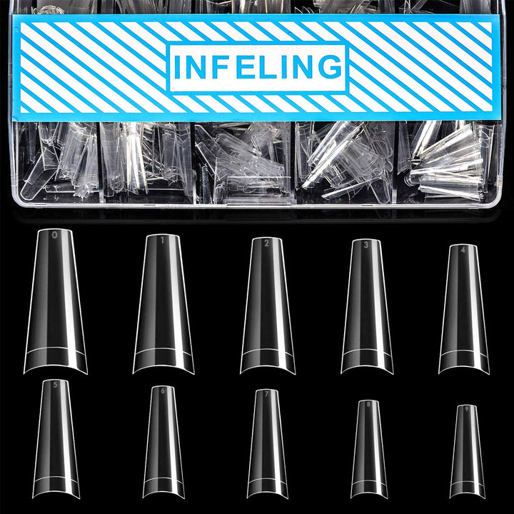 INFELING clear coffin tips box front showing organized compartments and quantity