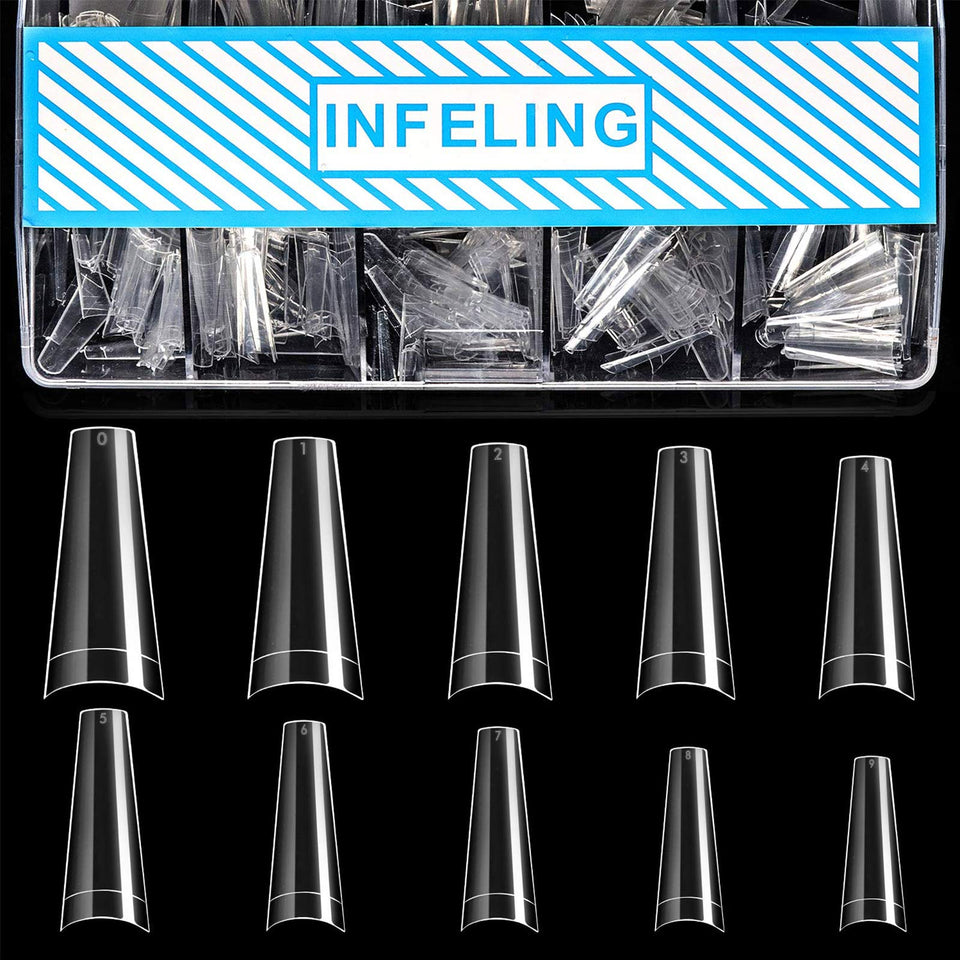 INFELING clear coffin tips box front showing organized compartments and quantity