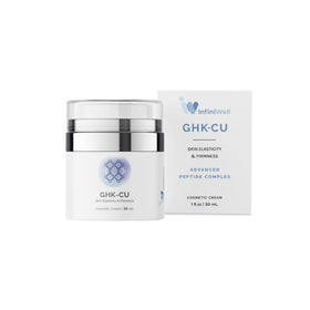 InfiniWell GHK-Cu serum texture on fingertip demonstrating lightweight absorption and hydration