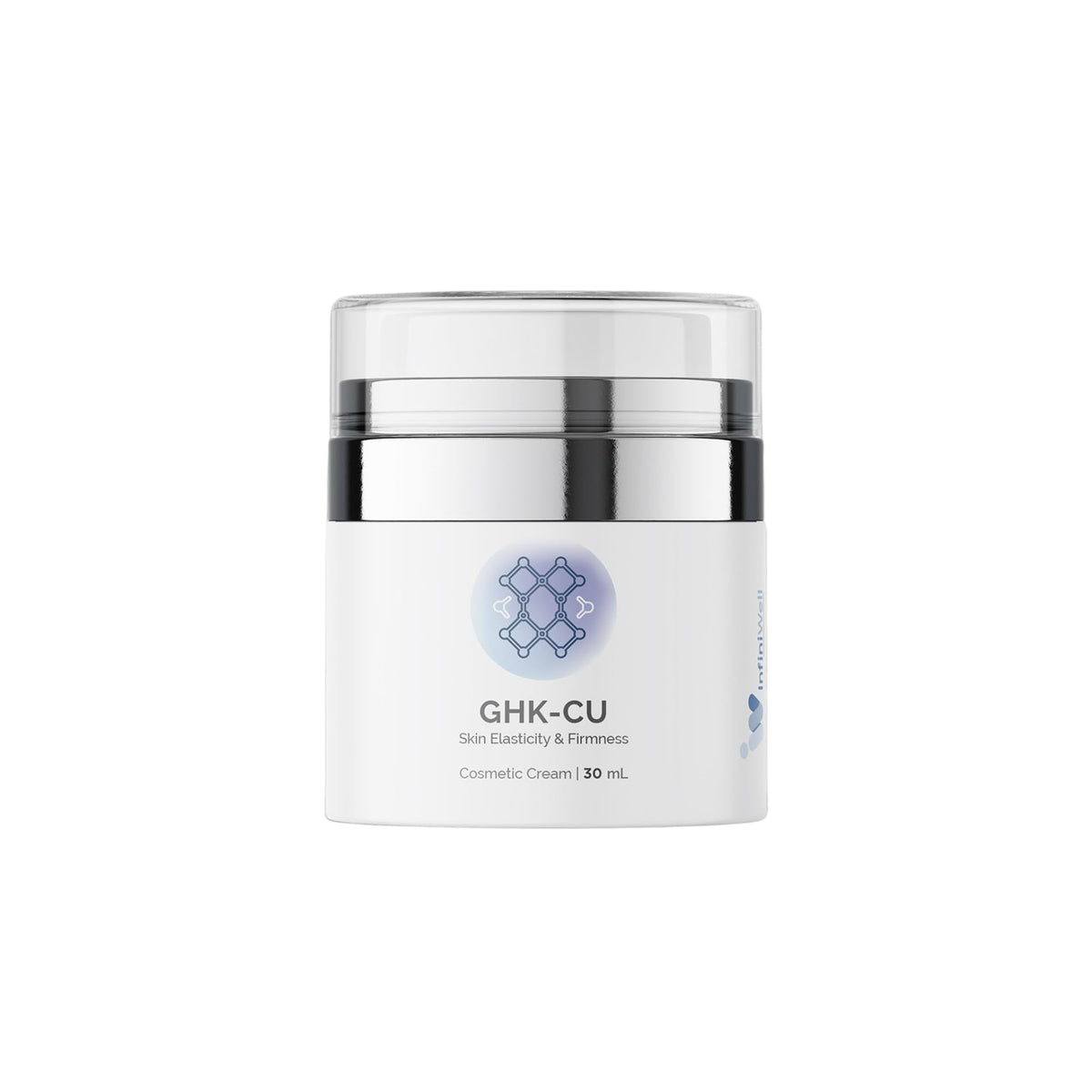 InfiniWell GHK-Cu serum front packaging showing bottle and label, promotes targeted renewal