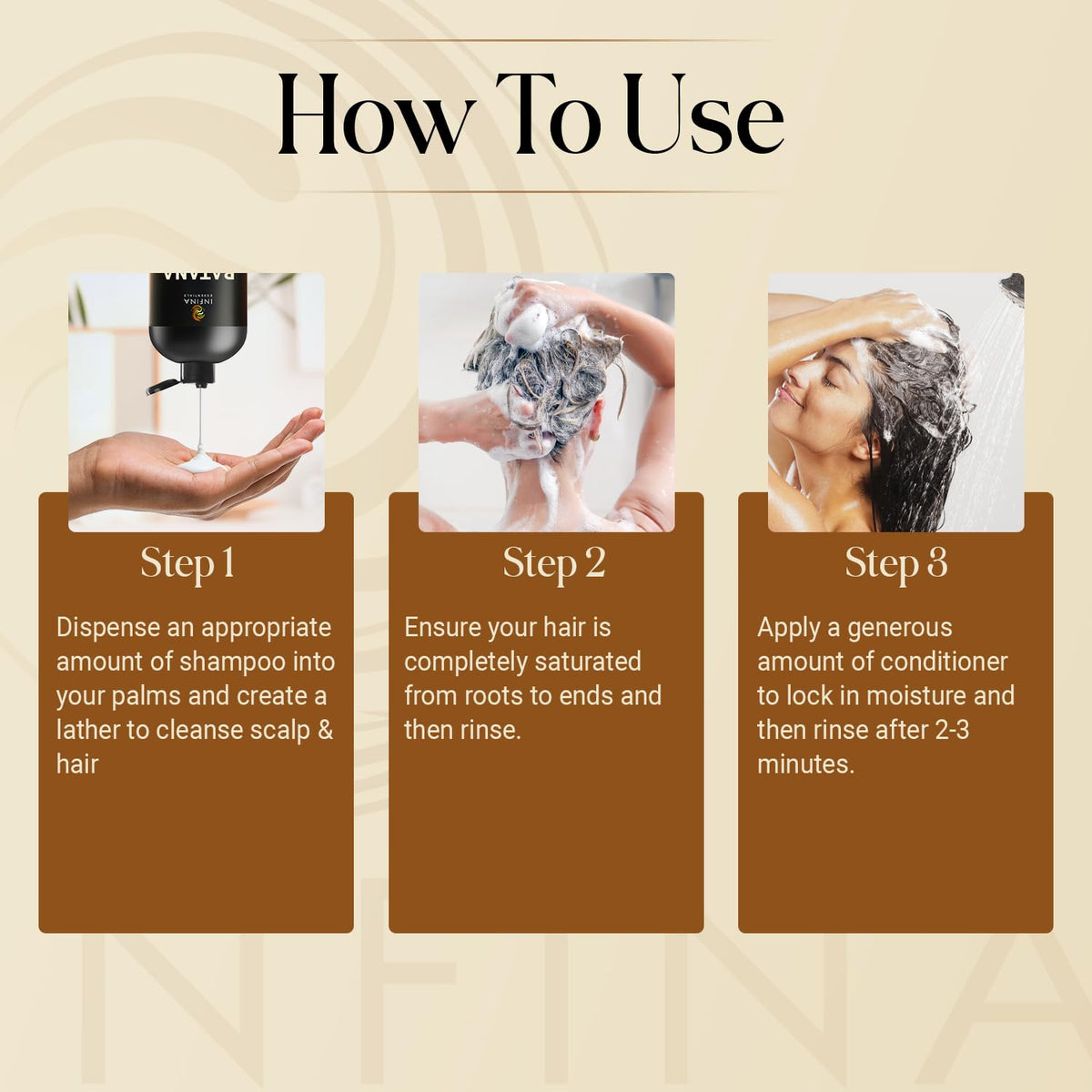 INFINA ESSENTIALS shampoo being applied in shower for scalp care