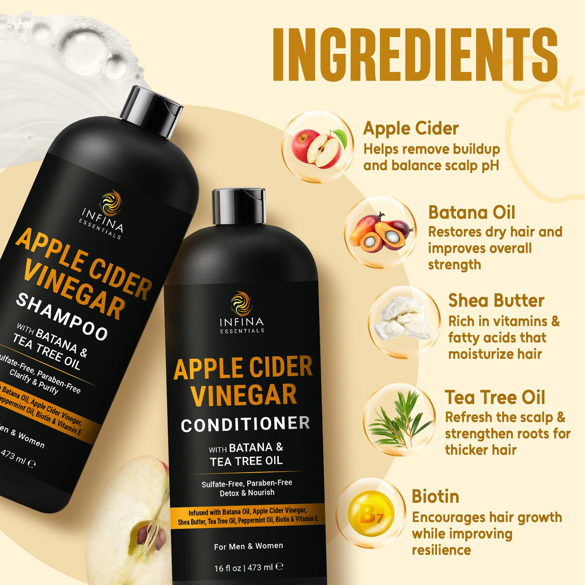 INFINA ESSENTIALS ingredients flatlay with apple cider vinegar and Batana oil boosting shine