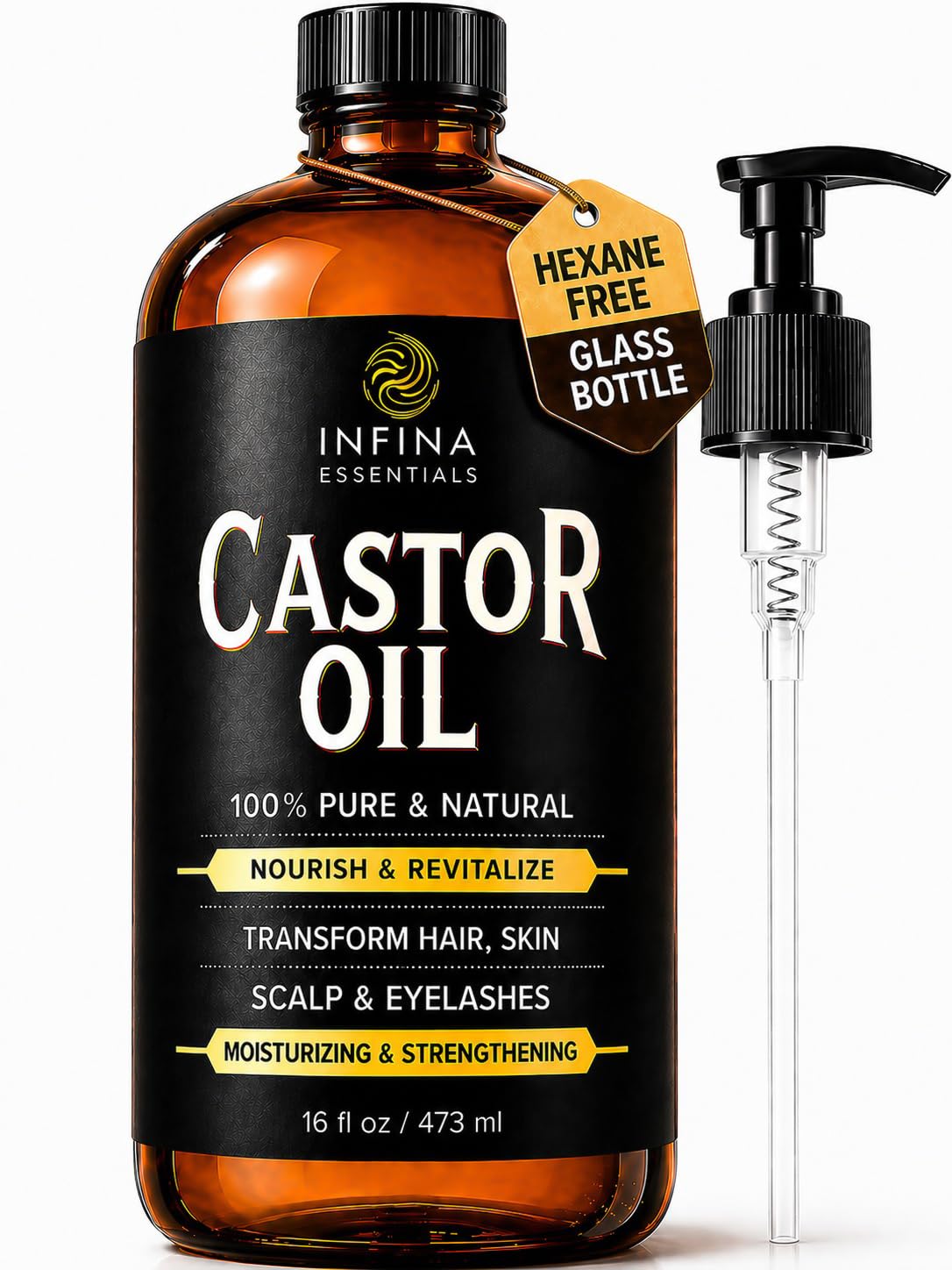 INFINA ESSENTIALS front glass bottle showing label and amber protection benefit