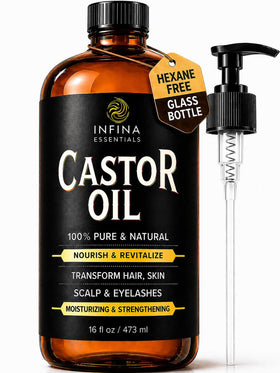 INFINA ESSENTIALS front glass bottle showing label and amber protection benefit