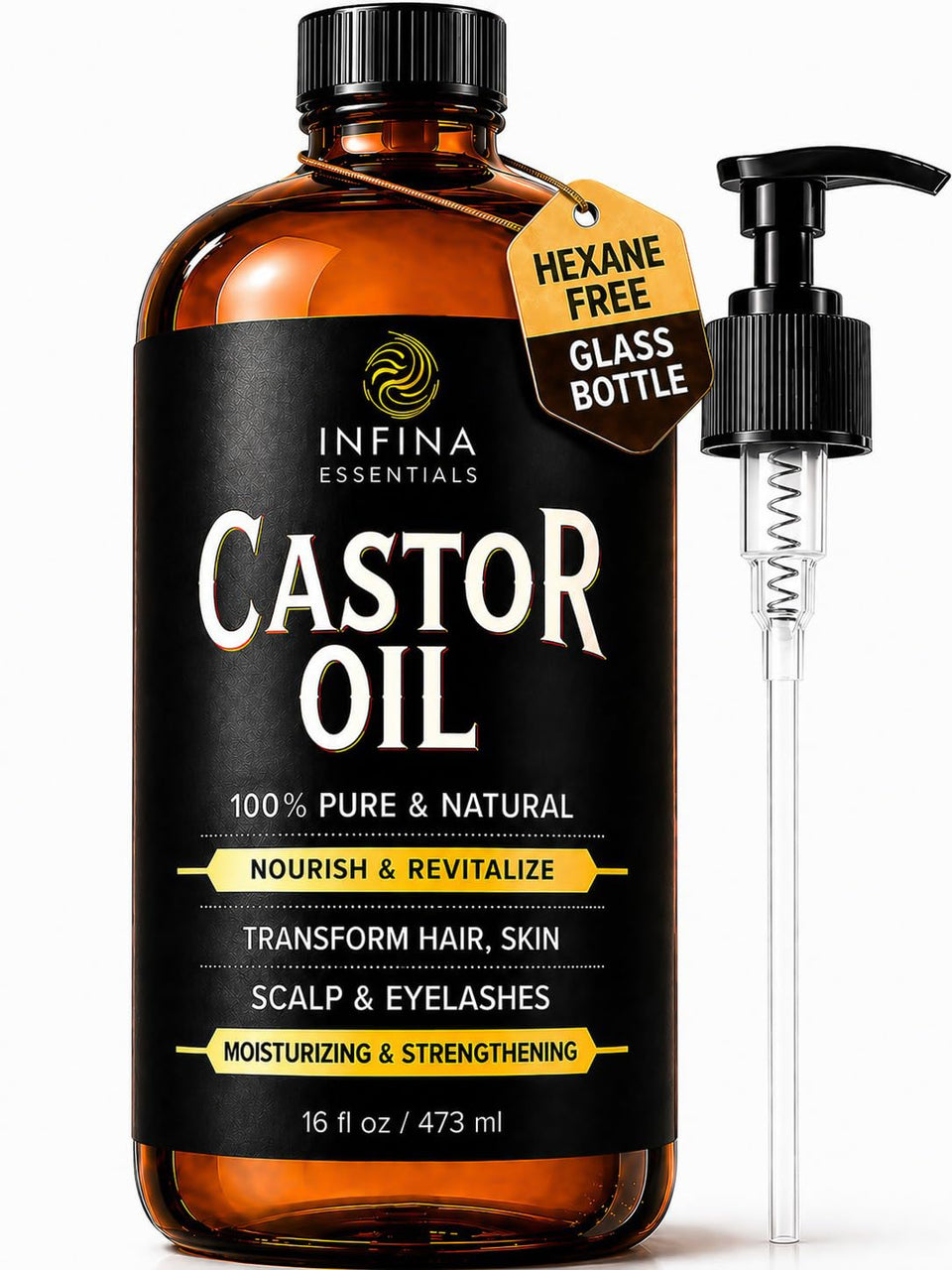 INFINA ESSENTIALS front glass bottle showing label and amber protection benefit