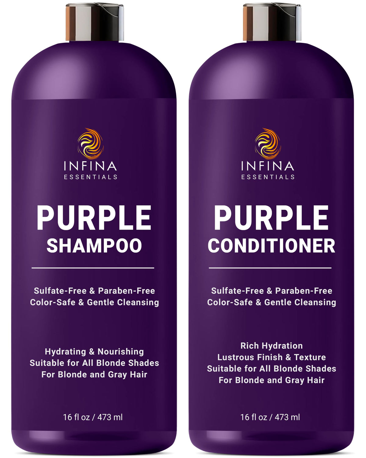 INFINA ESSENTIALS front packaging showing purple shampoo and conditioner reducing brassiness