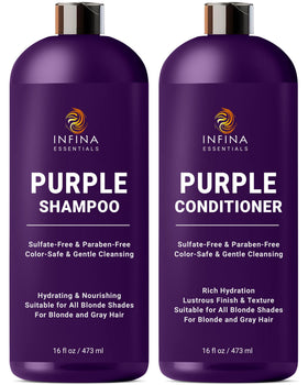 INFINA ESSENTIALS front packaging showing purple shampoo and conditioner reducing brassiness