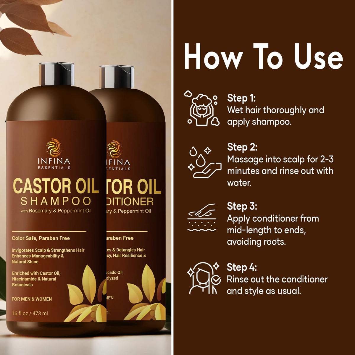 INFINA ESSENTIALS label close-up highlighting natural ingredients and clean formulation