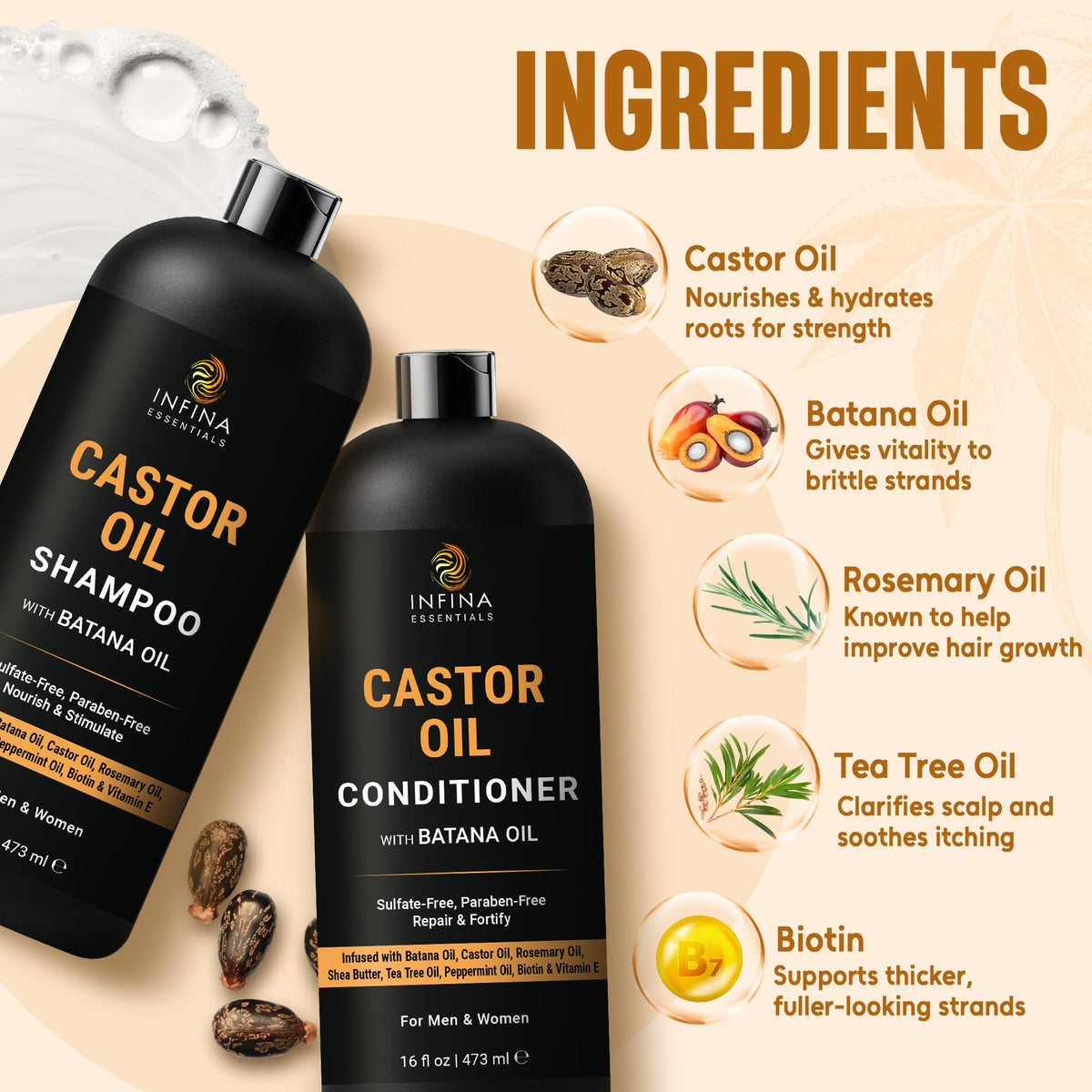 INFINA ESSENTIALS castor and batana oil ingredients flatlay for nourishment