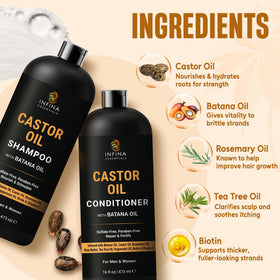 INFINA ESSENTIALS castor and batana oil ingredients flatlay for nourishment