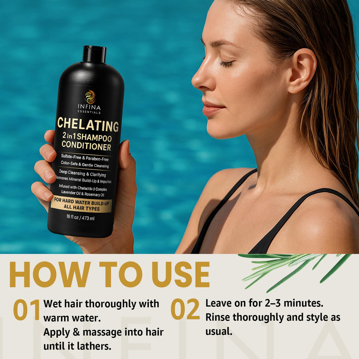 INFINA ESSENTIALS 16 fl oz bottle in hand showing actual product scale