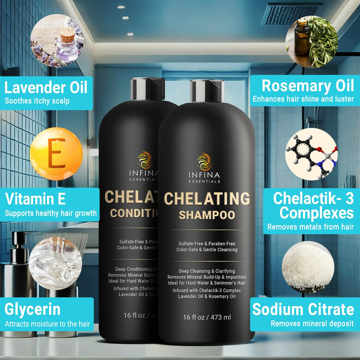 INFINA ESSENTIALS shampoo pour texture showing gentle lather and fast mineral removal