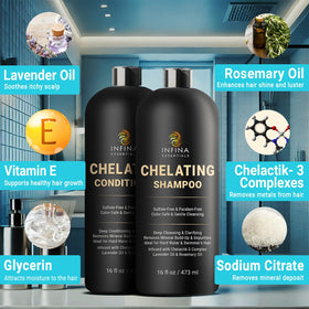INFINA ESSENTIALS shampoo pour texture showing gentle lather and fast mineral removal