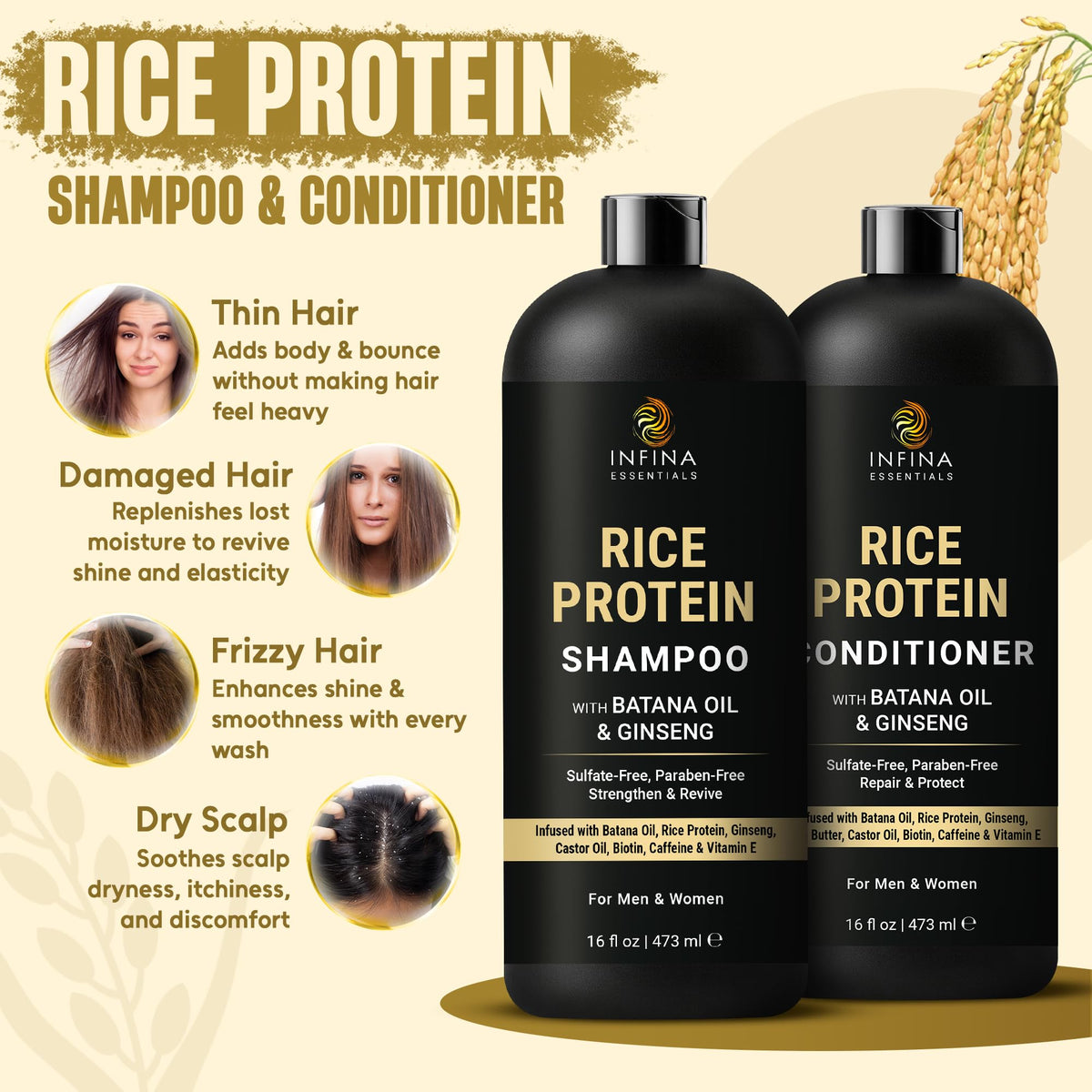 INFINA ESSENTIALS shampoo bottle portrait illustrating easy dispensing