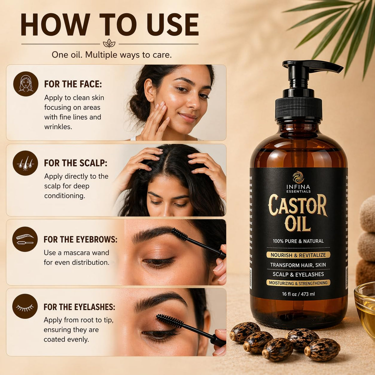 INFINA ESSENTIALS applied to hair roots demonstrating scalp nourishment benefit