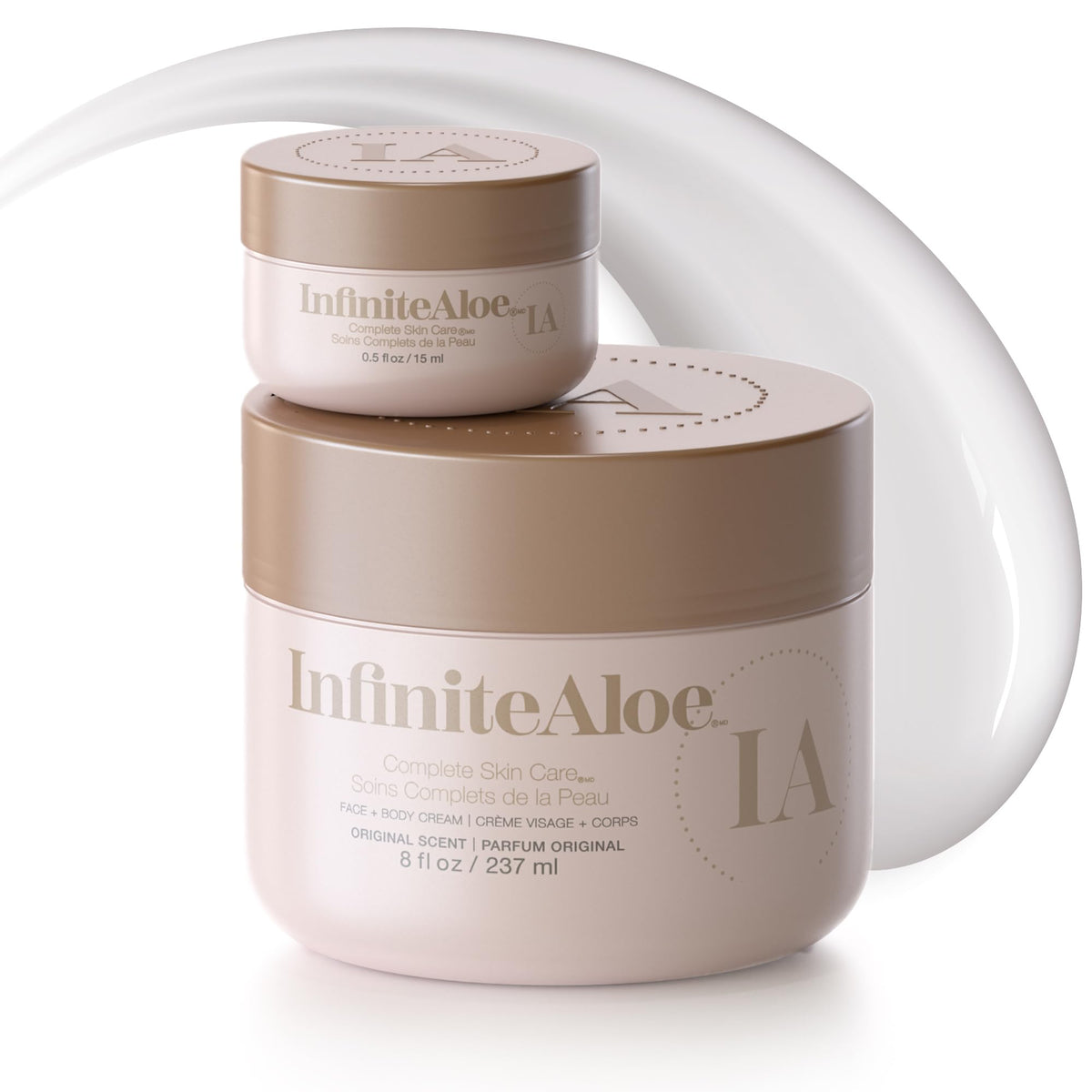 InfiniteAloe front jar view showing full-size packaging and clear labeling, hydrates skin