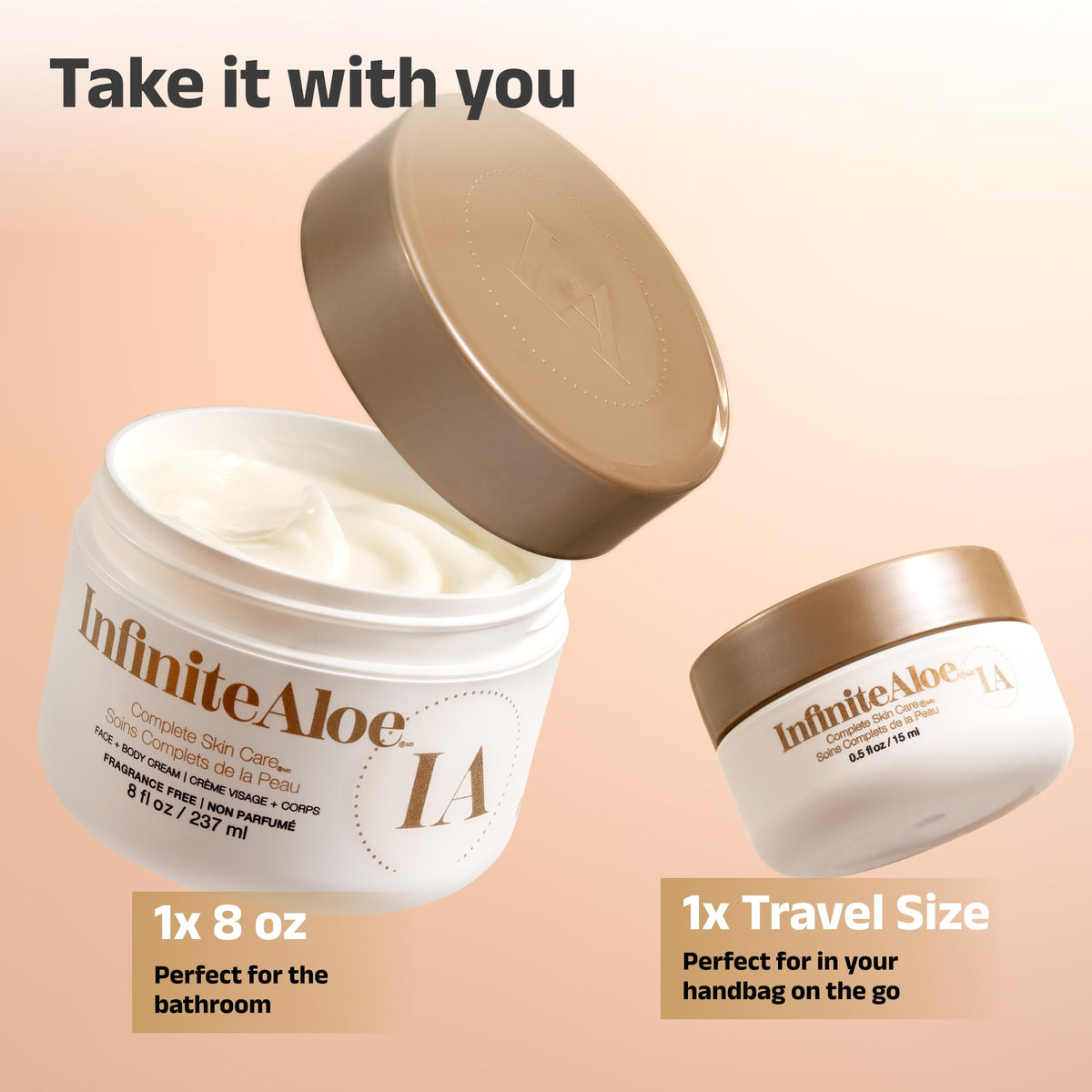 InfiniteAloe travel jar beside 8 oz jar showing portability and convenience