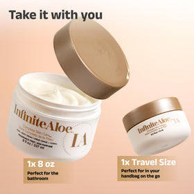InfiniteAloe travel jar beside 8 oz jar showing portability and convenience