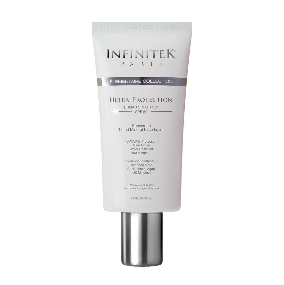 Infinitek Paris front packaging showing SPF 50 and tinted finish benefit
