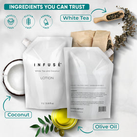 INFUSÉ refill bag beside dispenser to show scale and refill convenience