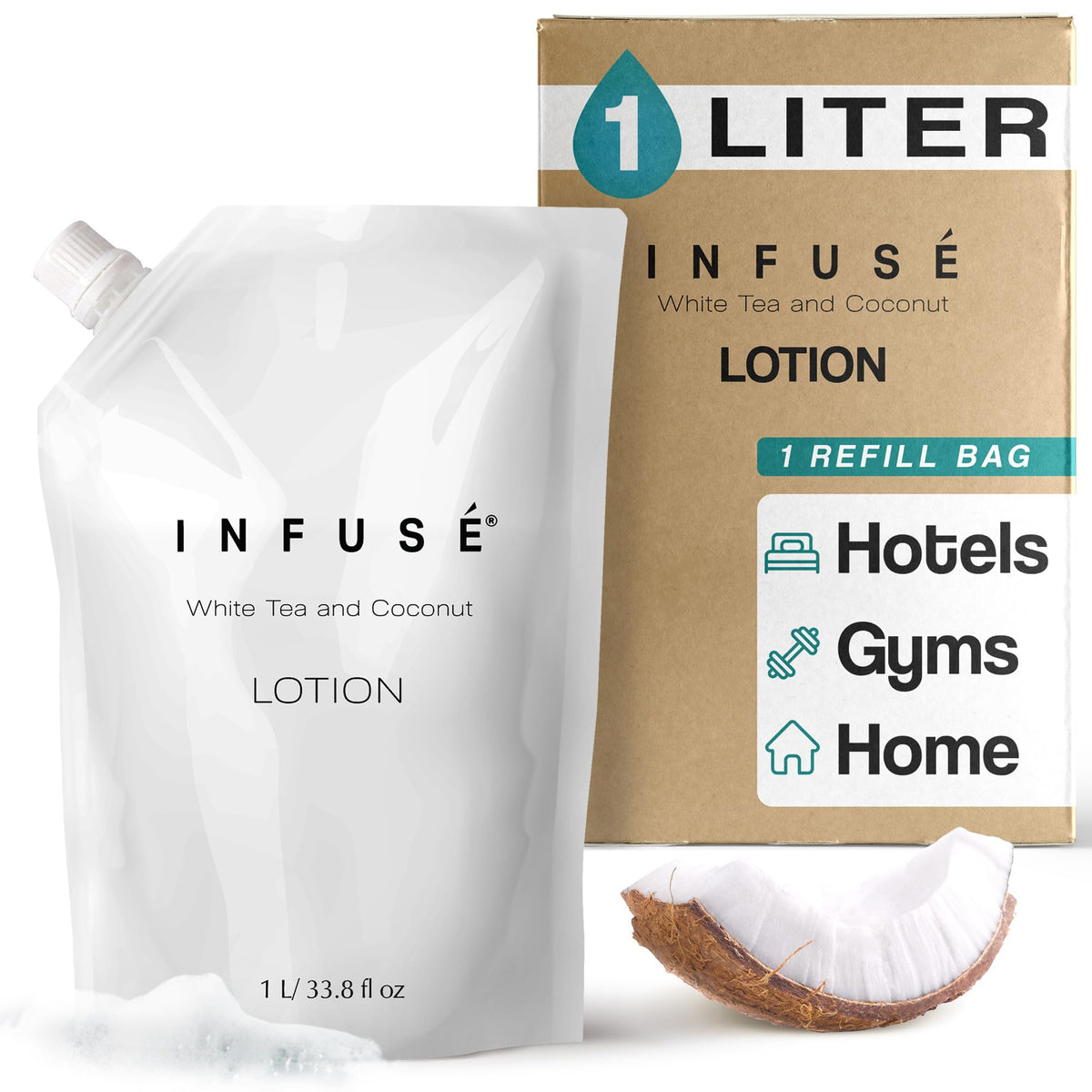 INFUSÉ front view of 1L lotion refill bag showing branding and size benefit