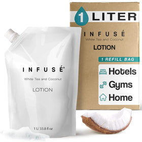 INFUSÉ front view of 1L lotion refill bag showing branding and size benefit