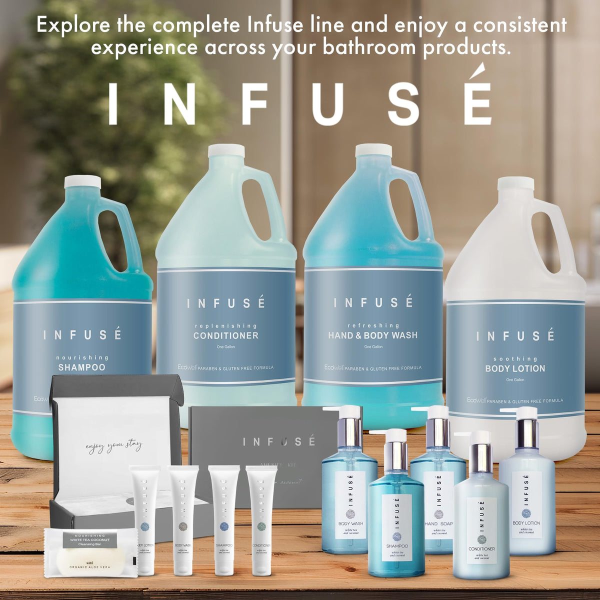 INFUSÉ in a hotel bathroom setting conveying upscale guest experience