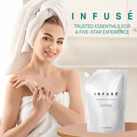 INFUSÉ lotion being poured into dispenser for fast, low-maintenance refills