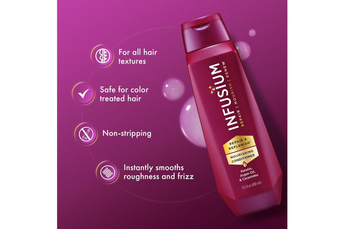 Infusium shampoo and conditioner on a bathroom shelf promoting routine
