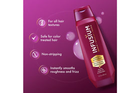 Infusium shampoo and conditioner on a bathroom shelf promoting routine