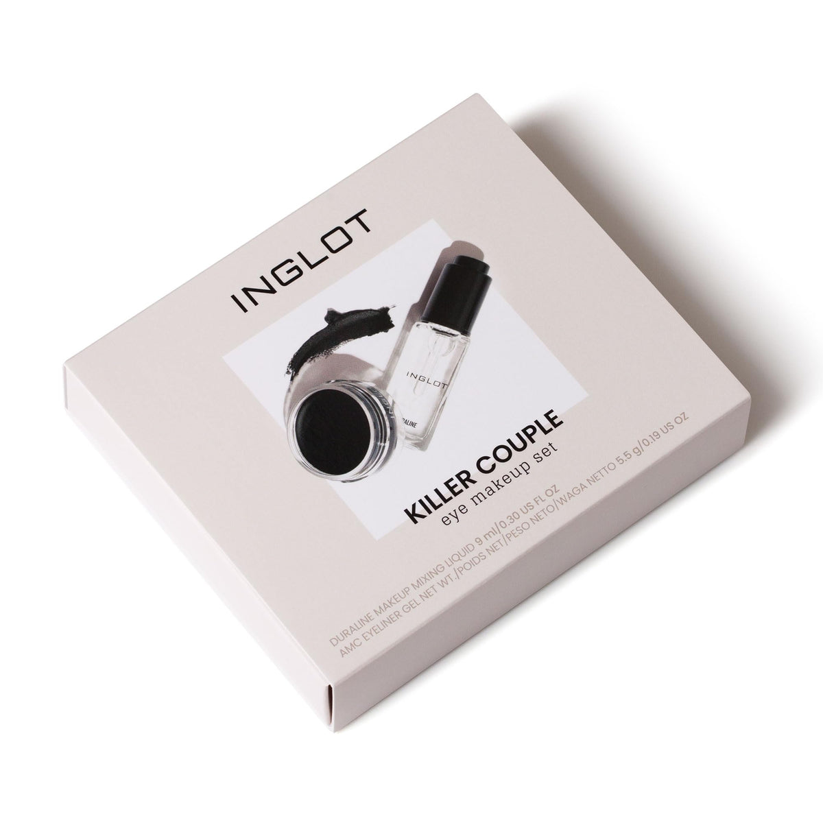 Inglot front packaging of Duraline and AMC Eyeliner Gel set, professional kit benefit