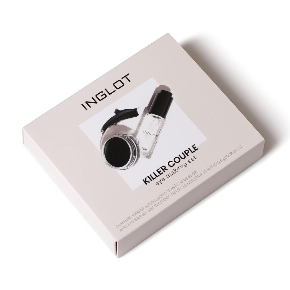 Inglot front packaging of Duraline and AMC Eyeliner Gel set, professional kit benefit