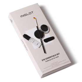 Inglot front packaging of the Eye Essentials Set showing trio and benefits