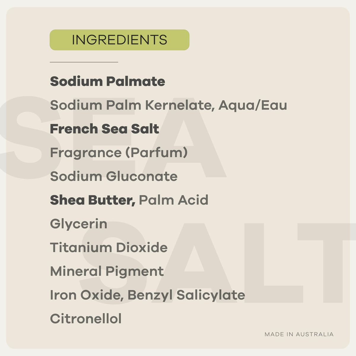 Australian Botanical Soap ingredients label close-up showing natural, sustainable components
