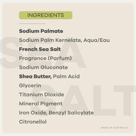 Australian Botanical Soap ingredients label close-up showing natural, sustainable components