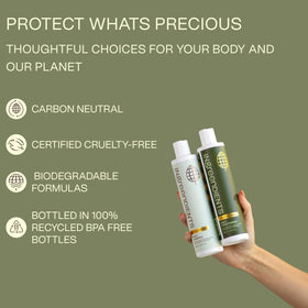 ingreendients bottles recycled plastic label emphasizing sustainable packaging benefit