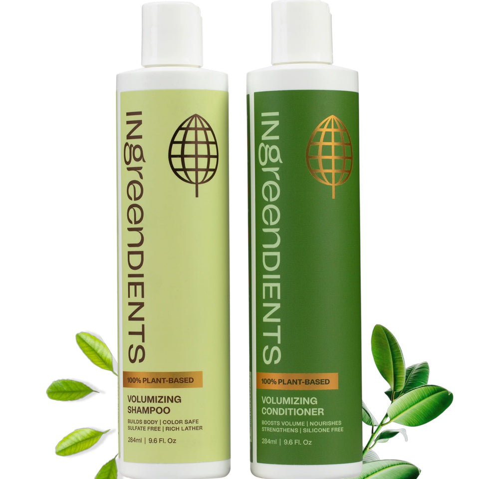 Ingreendients front packaging showing volumizing shampoo and conditioner, promotes eco-friendly volume