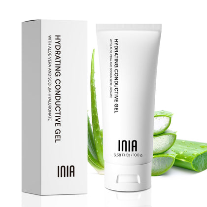 INIA conductive gel front packaging showing bottle and volume, clear benefit hydration