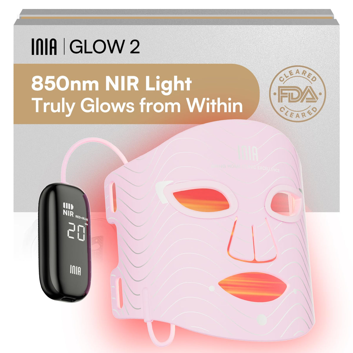 INIA mask front view showing full LED coverage and even light for at-home renewal