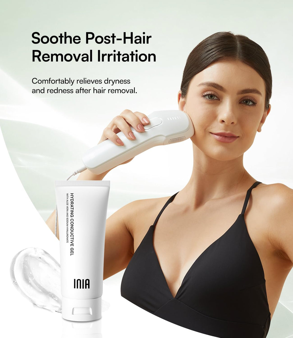 INIA soothing gel on post-hair-removal area reducing redness and calming skin