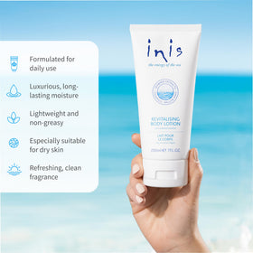 Inis 7 fl oz next to a hand to show product size and portability