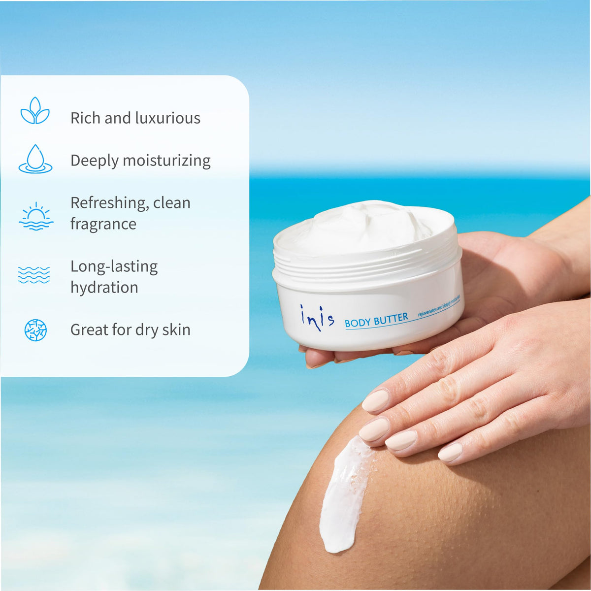Applying Inis body butter to forearm demonstrating quick absorption benefit